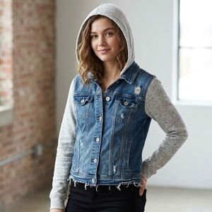 Hollister Mixed Media Denim Hoodie Jacket Frayed Hem Distressed Grunge Urban Y2K